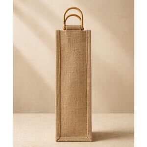Rustic Burlap Wine Bottle Holder Tote Wooden Handle Neutral Gift Bag